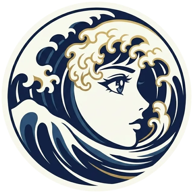 The Enoshima mark — a Hokusai-style wave in indigo and gold-leaf, with the serene profile of Benzaiten hidden in its currents.